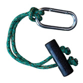 Hay Chix horse bucket strap 14-inch vintage turquoise securing a stall bucket.