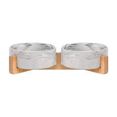 HCHLQLZ marble black ceramic bowls with wood stand for stable feeding during busy mealtimes