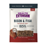 Health Extension Bison & Fish Dehydrated Jerky bag front highlights grain-free, USA-made dog treat.