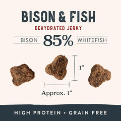 Health Extension Bison & Fish Dehydrated Jerky being used for dog training rewards.