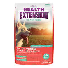 Health Extension buffalo-whitefish first-ingredient kibble bag highlights lean protein for strong muscles.