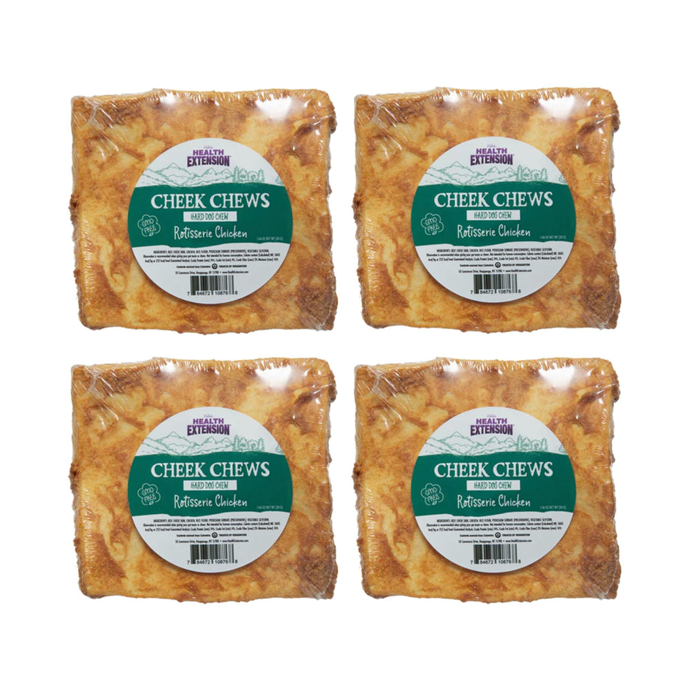 Health Extension Cheek Chews packaging reveals non-GMO chicken treats in a convenient 4-pack.