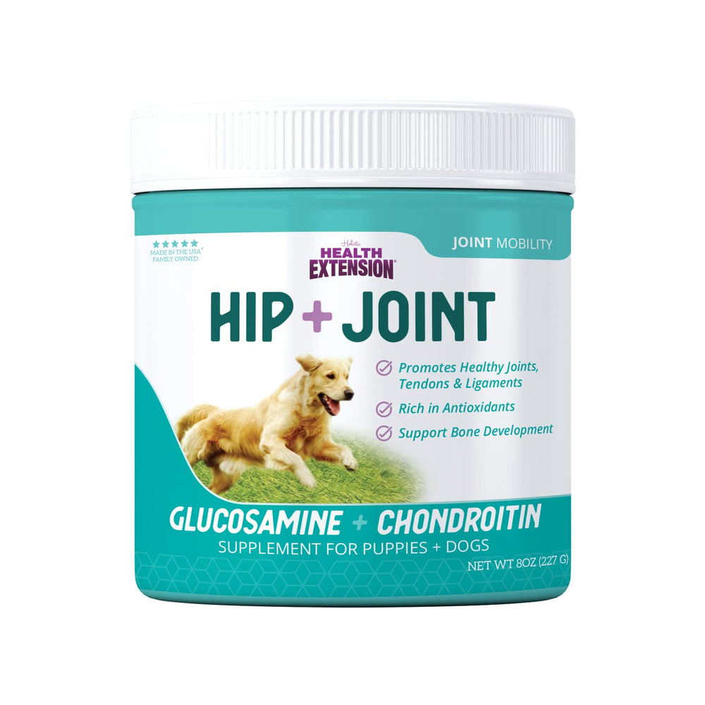 Health Extension cheese-flavored powder bottle highlights dog joint-support formula.
