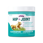 Health Extension cheese-flavored powder bottle highlights dog joint-support formula.