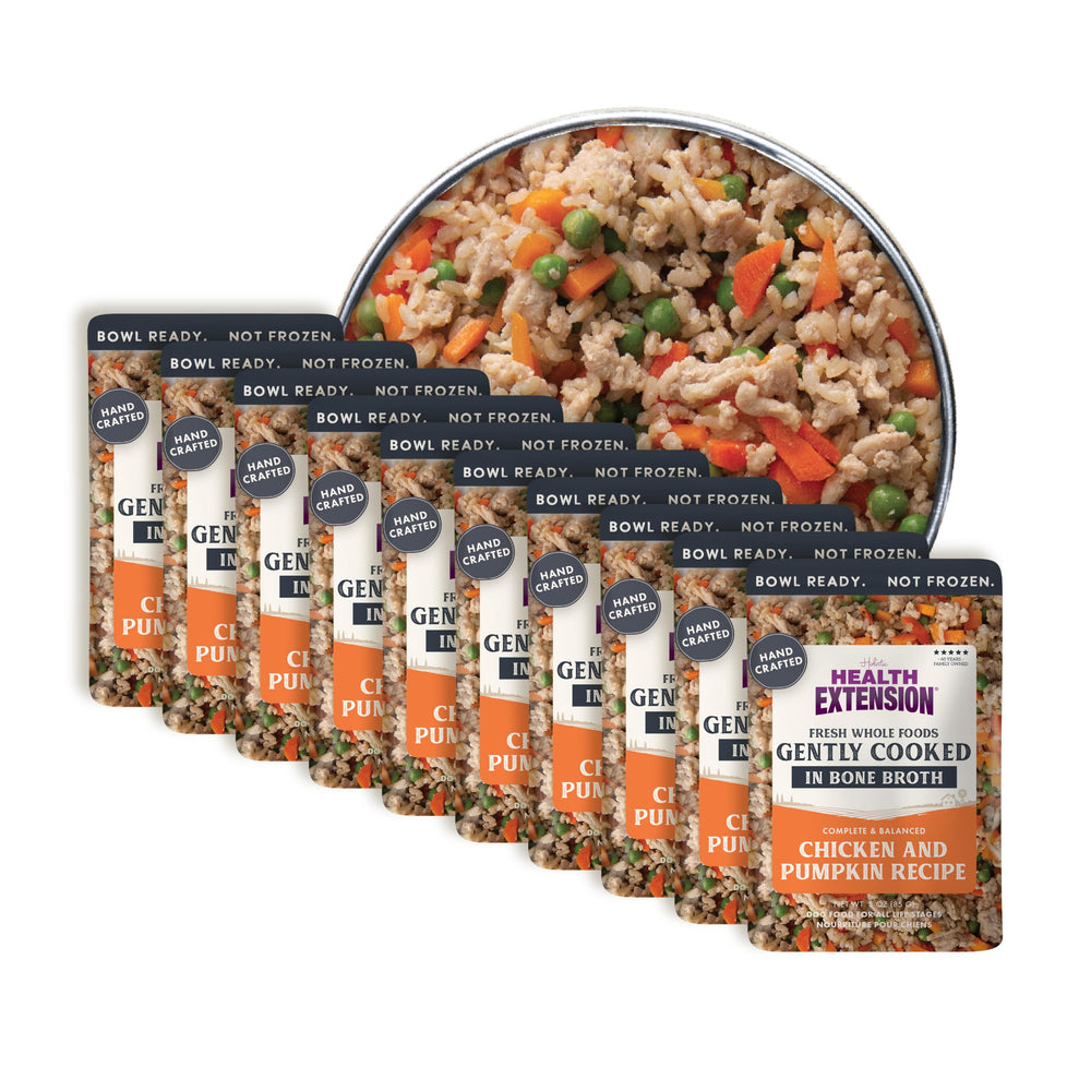 Health Extension Gently Cooked Chicken & Pumpkin dog food pouch open for quick, nourishing meals.