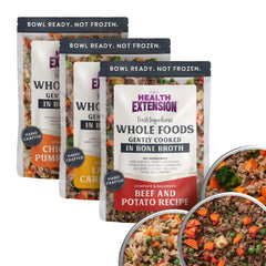 Health Extension Gently Cooked Chicken & Pumpkin pouch ready-to-serve for easy feeding.