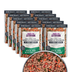 Health Extension gently cooked duck and kale dog food packaging on shelf for shelf-stable meals.