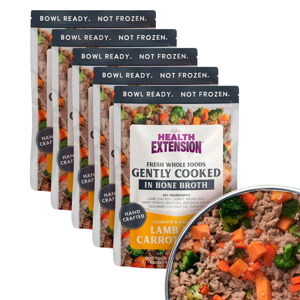 Health Extension Gently Cooked lamb carrot dog food pack-5 on shelf, convenient shelf-stable meals.