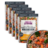 Health Extension Gently Cooked lamb carrot dog food pack-5 on shelf, convenient shelf-stable meals.
