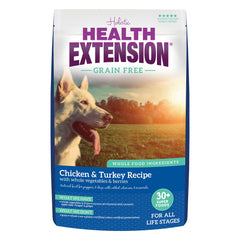 Health Extension grain-free chicken-turkey dry dog food bag front shows grain-free nutrition for all life stages.