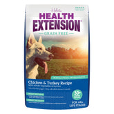 Health Extension grain-free chicken-turkey kibble closeup highlighting lean protein for muscles