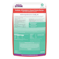 Health Extension grain-free buffalo-whitefish kibble close-up emphasizes gentle energy for all life stages.