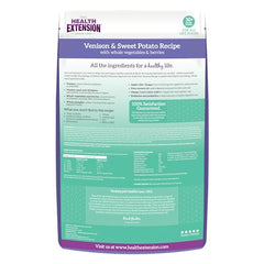 Health Extension grain-free venison kibble in bowl illustrating energy-rich, easy-to-digest nutrition for all life stages