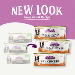 Health Extension grain-free wet dog food close-up shows chunky chicken pieces in natural broth.