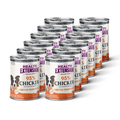 Health Extension grain-free wet dog food closeup shows chicken pieces for sensitive stomachs.