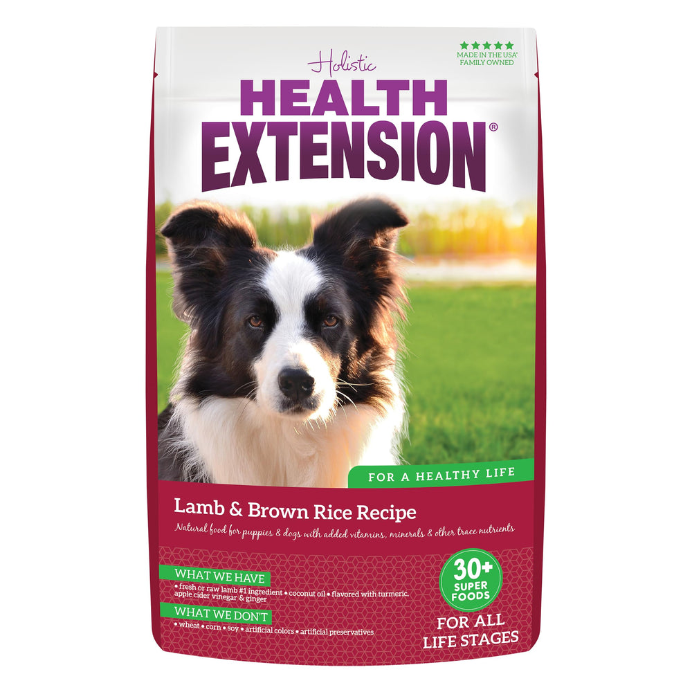 Health Extension Lamb & Brown Rice dry dog food pack on shelf, protein-packed option.