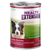 Health Extension Lamb Entree wet dog food can showing protein-rich formula for hydration support