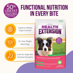 Health Extension Lite dry dog food in bowl demonstrates easy feeding for balanced meals.