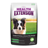 Health Extension Original Chicken & Brown Rice bag front shows premium protein nutrition for steady energy