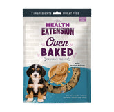 Health Extension oven-baked treats packaging showing peanut butter recipe for convenient daily rewards