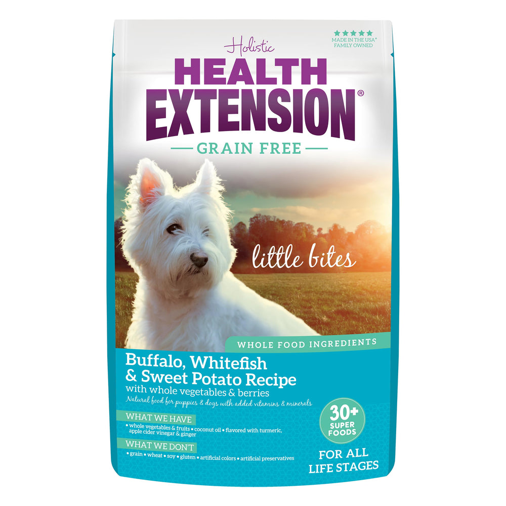 Health Extension packaging grain-free buffalo-whitefish little bites highlights premium small-breed nutrition.