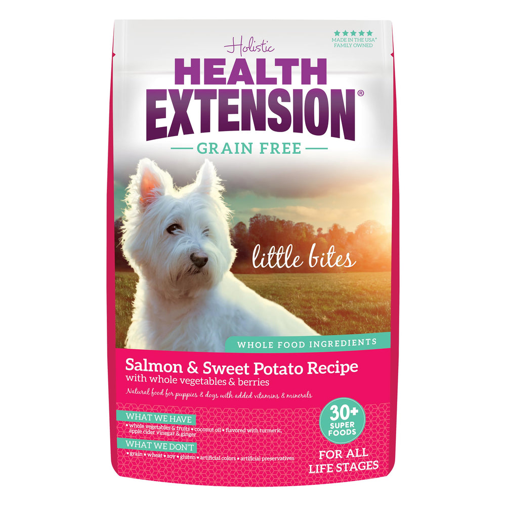 Health Extension salmon-sweet-potato little-bites bag shows grain-free puppy nutrition for teacups