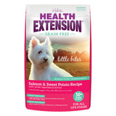 Health Extension salmon-sweet-potato little-bites bag shows grain-free puppy nutrition for teacups