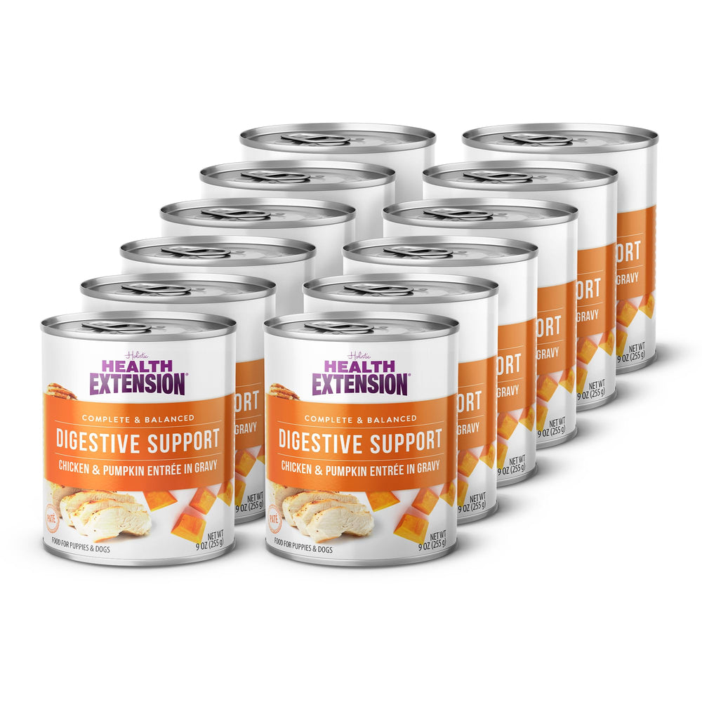 Health Extension wet dog food chicken pumpkin entree in gravy bowl supports hydration for digestion.