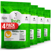 Healthy Dogma Banana Chips Treats 4-pack display ideal for training rewards.