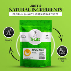 Eco-friendly packaging for Healthy Dogma banana chips treat collection.