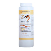 Healthy Paw Life Coat Silk powder bottle demonstrates talc-free formula for odor control.