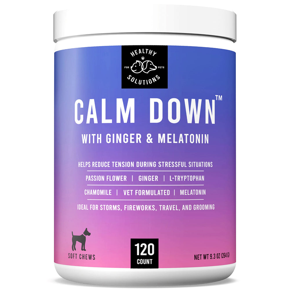 Healthy Solutions For Pets Calming Chews bottle for easy daily anxiety support.