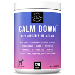 Healthy Solutions For Pets Calming Chews bottle for easy daily anxiety support.