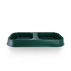 Healthy Surplus double-dish feeder green small bowl closeup shows separate food and water for tidy meals.