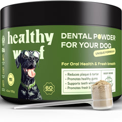 Healthy Woof dental powder bottle showing at-home oral care with gentle stomach-friendly formula