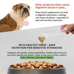 Healthy Woof dog bowl with powder topping illustrating no-brush dental care on meals