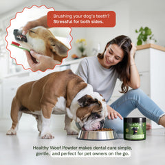 Healthy Woof dog breath fresh visual shows daily powder support