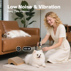 HEAPETS low-noise clipper operates at 55 dB for calm pet grooming.