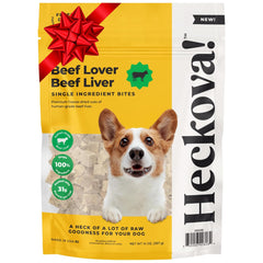 Heckova beef liver dog treats packaging highlights USA-made, single-ingredient quality.
