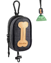 Heelay denim poop bag holder with leash attachment for hands-free walks.
