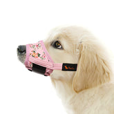 HEELE Dog Muzzle pink flower front view, breathable nylon for comfortable all-day wear.