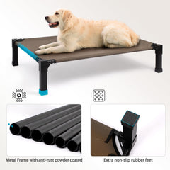 Heeyoo elevated dog bed steel frame highlights rust-resistant support for long outdoor use.