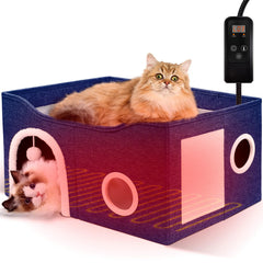 Heeyoo Indoor Heated Cat House front view showing spacious warmth for lounging