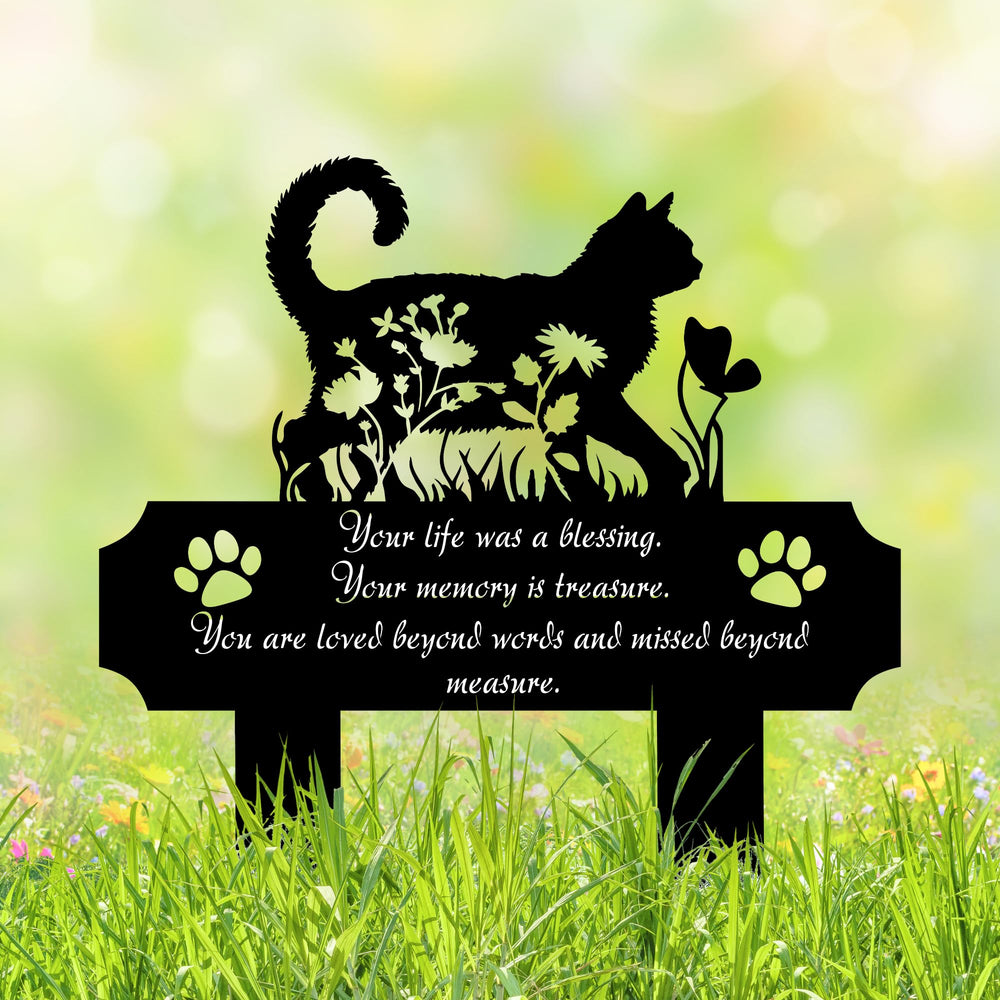 HEGANITS cat grave marker silhouette-meadow provides a peaceful outdoor memorial.