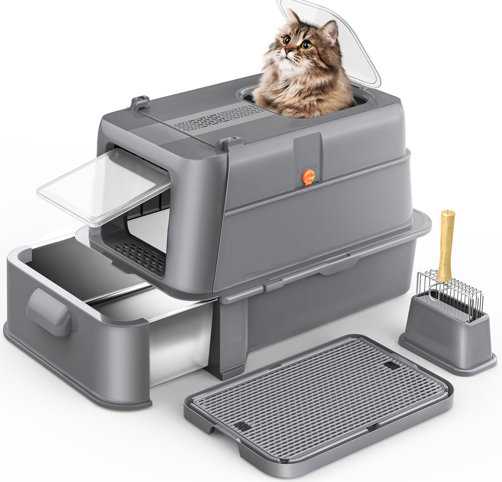 HEGGCOOE enclosed stainless steel litter box lid demonstrates durable, easy-clean surface.