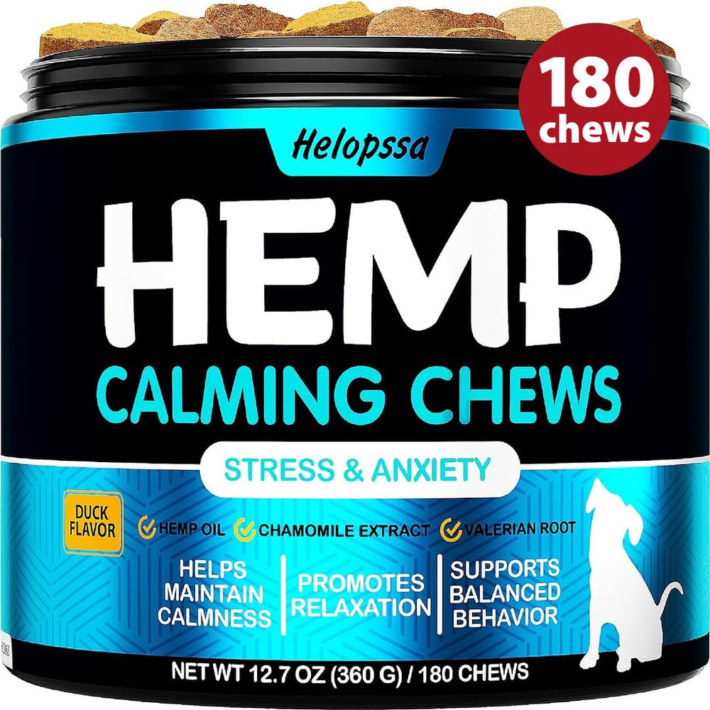 Helopssa Hemp Calming Chews bottle front shows calming support for anxious dogs.