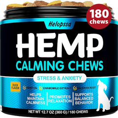 Helopssa Hemp Calming Chews bottle front shows calming support for anxious dogs.