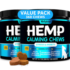 Helopssa hemp calming chews bottle on counter offering easy anxiety relief for dogs.