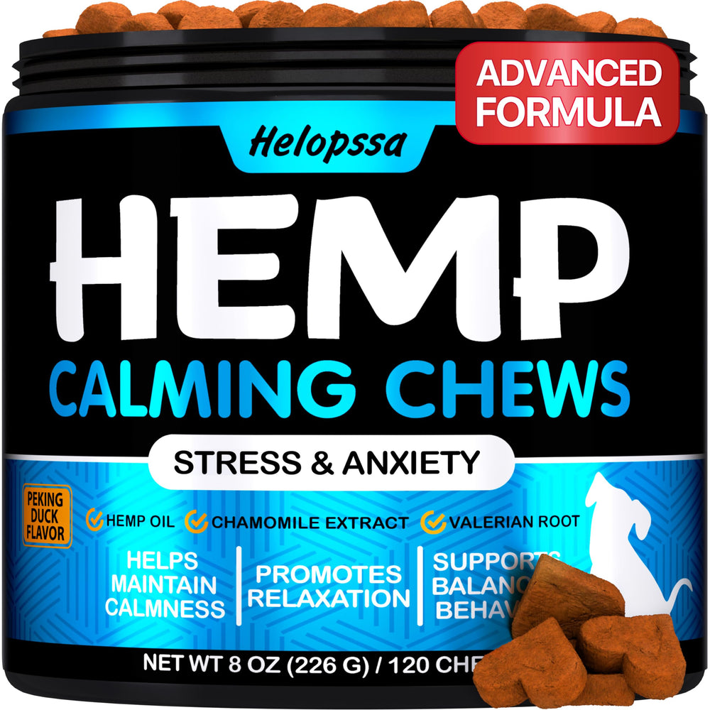 Helopssa Hemp Calming Chews packaging—friendly calming solution for anxious dogs on the go.