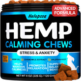 Helopssa Hemp Calming Chews packaging—friendly calming solution for anxious dogs on the go.